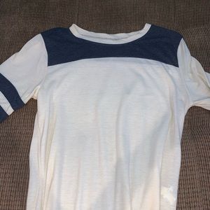 short sleeve shirt w/ thick blue stripes on sleeve